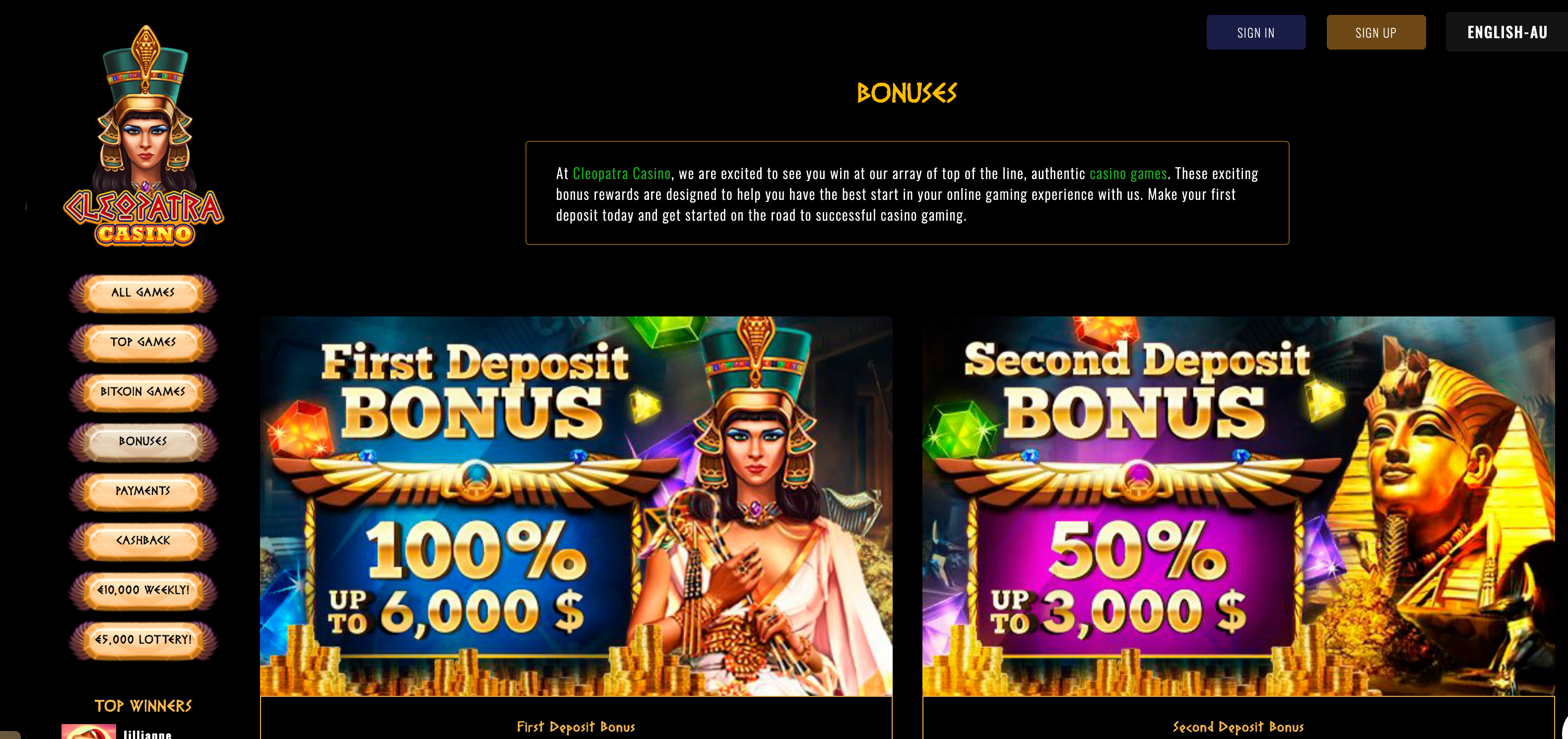 Cleopatra Casino bonuses for aussie players